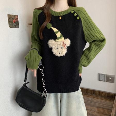 FA50867# 大码秋冬新款绿色慵懒风套头宽松毛衣胖mm减龄显瘦针织上衣 服裝批發女裝批發服飾貨源