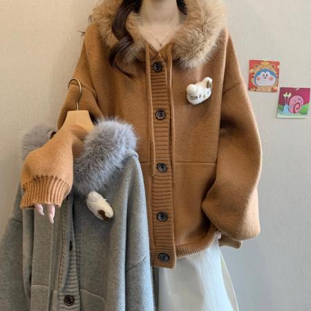 FA50874# 大码女装秋冬新品加厚毛领可爱卡通连帽外套慵懒风宽松针织女 服裝批發女裝批發服飾貨源