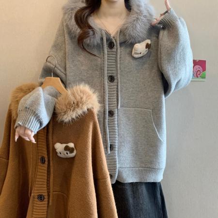 FA50874# 大码女装秋冬新品加厚毛领可爱卡通连帽外套慵懒风宽松针织女 服裝批發女裝批發服飾貨源