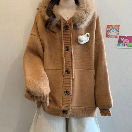 FA50874# 大码女装秋冬新品加厚毛领可爱卡通连帽外套慵懒风宽松针织女 服裝批發女裝批發服飾貨源