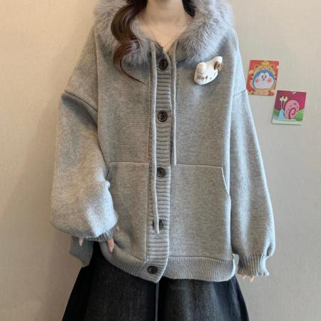 FA50874# 大码女装秋冬新品加厚毛领可爱卡通连帽外套慵懒风宽松针织女 服裝批發女裝批發服飾貨源