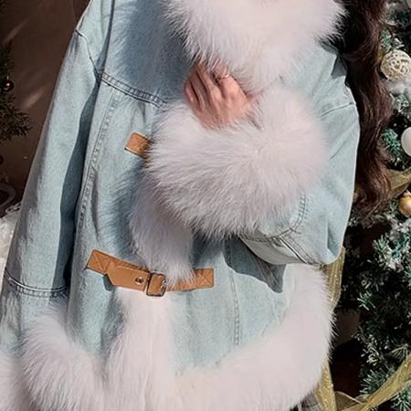 FA50884# 秋冬季新款蓝色大毛领牛仔毛绒外套女皮毛一体加厚加绒棉服 服裝批發女裝批發服飾貨源