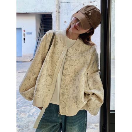 FA50885# 独特超好看棒球服外套女春秋新款美式慵懒chic短款宽 服裝批發女裝批發服飾貨源