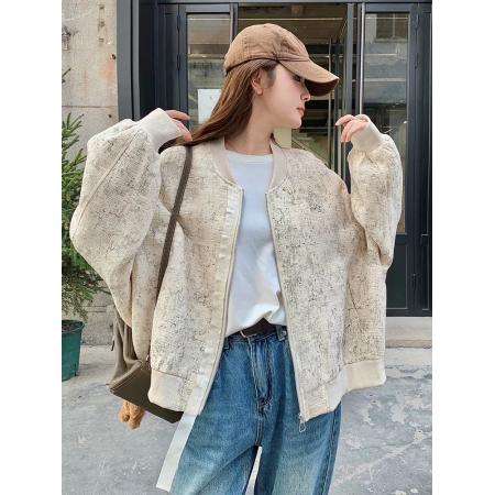 FA50885# 独特超好看棒球服外套女春秋新款美式慵懒chic短款宽 服裝批發女裝批發服飾貨源