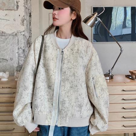 FA50885# 独特超好看棒球服外套女春秋新款美式慵懒chic短款宽 服裝批發女裝批發服飾貨源