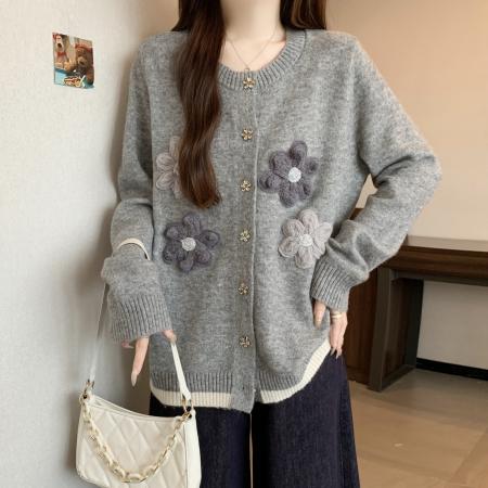 FA50896# 大码设计感钩花针织衫胖mm高级感秋冬减龄显瘦毛衣气质外套 服裝批發女裝批發服飾貨源