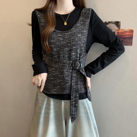 FA50897# 新款大码女装冬款时尚设计感假两件撞色百搭显瘦上衣 服裝批發女裝批發服飾貨源