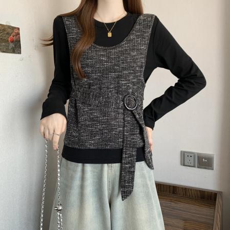 FA50897# 新款大码女装冬款时尚设计感假两件撞色百搭显瘦上衣 服裝批發女裝批發服飾貨源