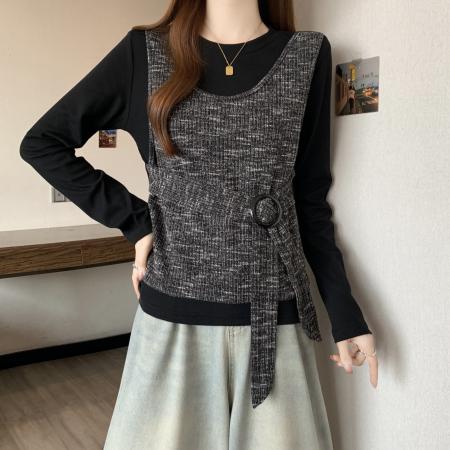 FA50897# 新款大码女装冬款时尚设计感假两件撞色百搭显瘦上衣 服裝批發女裝批發服飾貨源