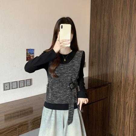 FA50897# 新款大码女装冬款时尚设计感假两件撞色百搭显瘦上衣 服裝批發女裝批發服飾貨源