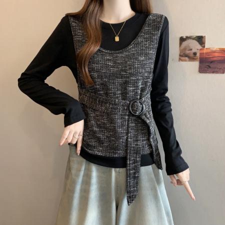 FA50897# 新款大码女装冬款时尚设计感假两件撞色百搭显瘦上衣 服裝批發女裝批發服飾貨源