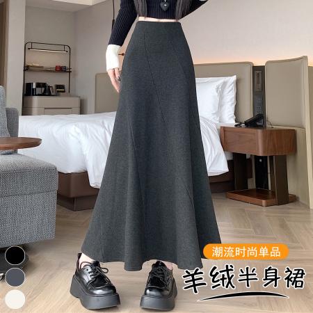 FA50898# 秋冬新款加厚羊绒半身裙设计感拼接高腰显瘦鱼尾长款a字裙 服裝批發女裝批發服飾貨源