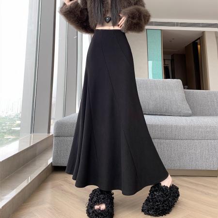 FA50898# 秋冬新款加厚羊绒半身裙设计感拼接高腰显瘦鱼尾长款a字裙 服裝批發女裝批發服飾貨源