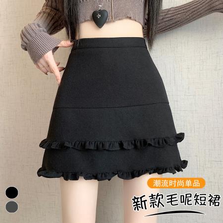 FA50899# 韩版设计感高腰木耳边毛呢半身裙秋冬百搭显瘦半身裙A字裙 服裝批發女裝批發服飾貨源