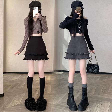 FA50899# 韩版设计感高腰木耳边毛呢半身裙秋冬百搭显瘦半身裙A字裙 服裝批發女裝批發服飾貨源