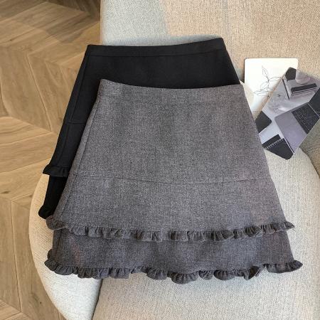 FA50899# 韩版设计感高腰木耳边毛呢半身裙秋冬百搭显瘦半身裙A字裙 服裝批發女裝批發服飾貨源