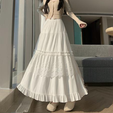 FA50900# 设计感白色蕾丝拼接木耳边蛋糕裙秋冬高腰宽松垂感A字长裙 服裝批發女裝批發服飾貨源