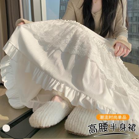 FA50900# 设计感白色蕾丝拼接木耳边蛋糕裙秋冬高腰宽松垂感A字长裙 服裝批發女裝批發服飾貨源