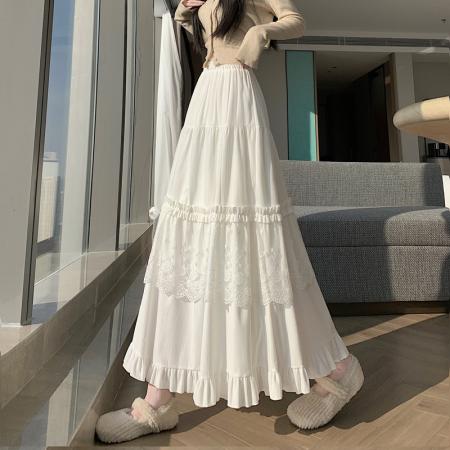 FA50900# 设计感白色蕾丝拼接木耳边蛋糕裙秋冬高腰宽松垂感A字长裙 服裝批發女裝批發服飾貨源