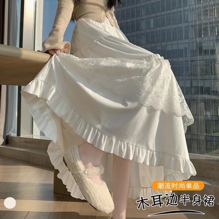 FA50900# 设计感白色蕾丝拼接木耳边蛋糕裙秋冬高腰宽松垂感A字长裙 服裝批發女裝批發服飾貨源