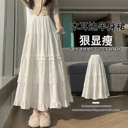 FA50900# 设计感白色蕾丝拼接木耳边蛋糕裙秋冬高腰宽松垂感A字长裙 服裝批發女裝批發服飾貨源