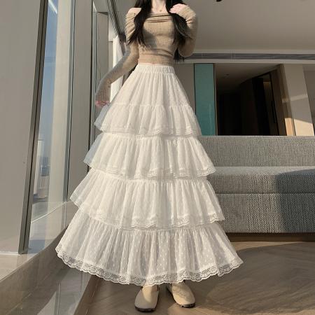 FA50901# 韩系提花拼接蕾丝蛋糕裙秋冬宽松荷叶边高腰百搭A字长裙 服裝批發女裝批發服飾貨源