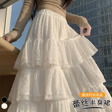 FA50901# 韩系提花拼接蕾丝蛋糕裙秋冬宽松荷叶边高腰百搭A字长裙 服裝批發女裝批發服飾貨源