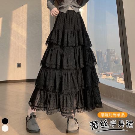FA50901# 韩系提花拼接蕾丝蛋糕裙秋冬宽松荷叶边高腰百搭A字长裙 服裝批發女裝批發服飾貨源