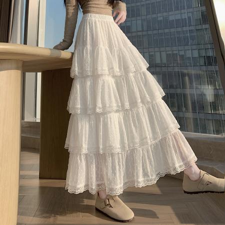 FA50901# 韩系提花拼接蕾丝蛋糕裙秋冬宽松荷叶边高腰百搭A字长裙 服裝批發女裝批發服飾貨源