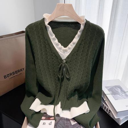 FA50903# 绿色复古木耳边V领假两件针织衫毛衣秋冬气质优雅显瘦内搭打底衫 服裝批發女裝批發服飾貨源