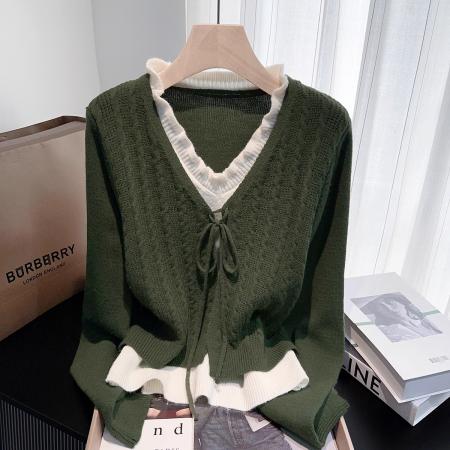 FA50903# 绿色复古木耳边V领假两件针织衫毛衣秋冬气质优雅显瘦内搭打底衫 服裝批發女裝批發服飾貨源