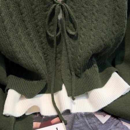 FA50903# 绿色复古木耳边V领假两件针织衫毛衣秋冬气质优雅显瘦内搭打底衫 服裝批發女裝批發服飾貨源