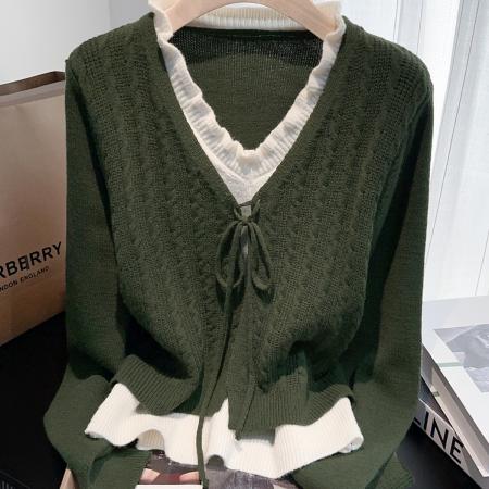 FA50903# 绿色复古木耳边V领假两件针织衫毛衣秋冬气质优雅显瘦内搭打底衫 服裝批發女裝批發服飾貨源