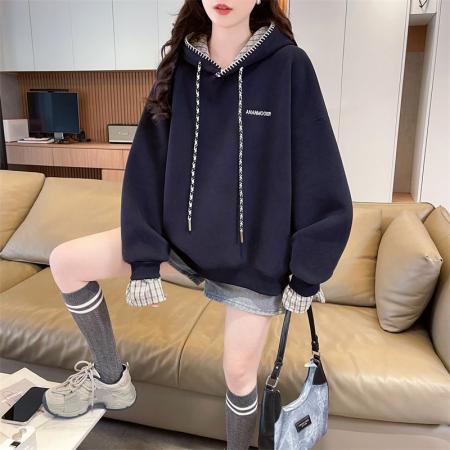 FA50904# 春秋韩版宽松时尚学院风格子拼接连帽宽松卫衣女 服裝批發女裝批發服飾貨源