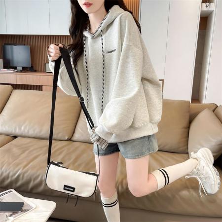 FA50904# 春秋韩版宽松时尚学院风格子拼接连帽宽松卫衣女 服裝批發女裝批發服飾貨源