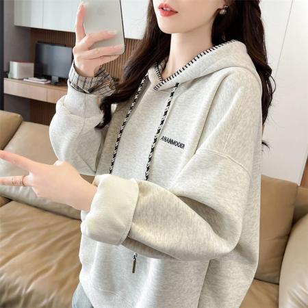 FA50904# 春秋韩版宽松时尚学院风格子拼接连帽宽松卫衣女 服裝批發女裝批發服飾貨源