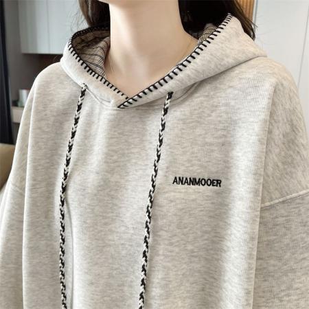 FA50904# 春秋韩版宽松时尚学院风格子拼接连帽宽松卫衣女 服裝批發女裝批發服飾貨源