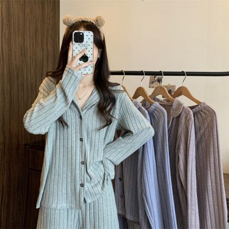 FA50905# 新款家居服套装长袖POLO领睡衣高腰显瘦休闲裤两件套 服裝批發女裝批發服飾貨源