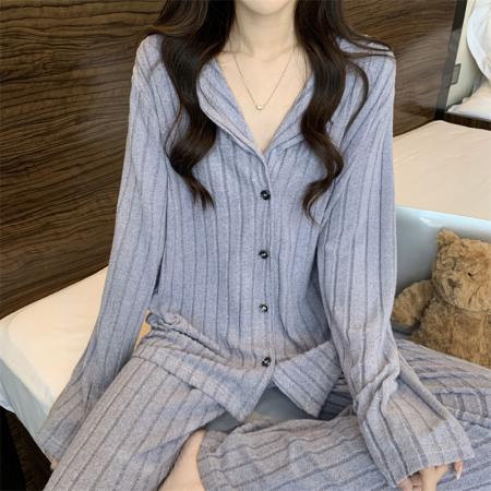 FA50905# 新款家居服套装长袖POLO领睡衣高腰显瘦休闲裤两件套 服裝批發女裝批發服飾貨源