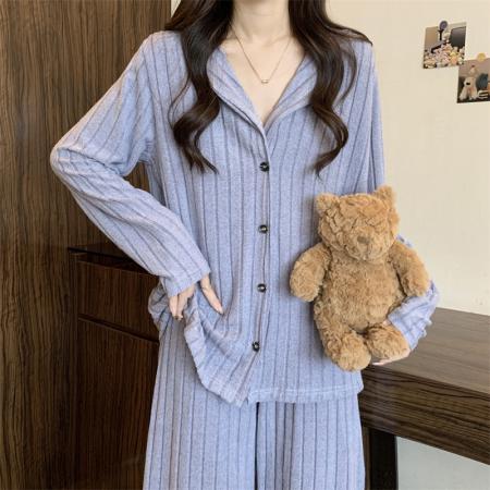 FA50905# 新款家居服套装长袖POLO领睡衣高腰显瘦休闲裤两件套 服裝批發女裝批發服飾貨源