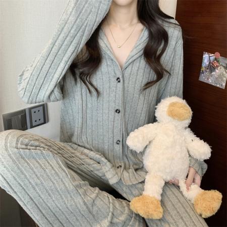 FA50905# 新款家居服套装长袖POLO领睡衣高腰显瘦休闲裤两件套 服裝批發女裝批發服飾貨源