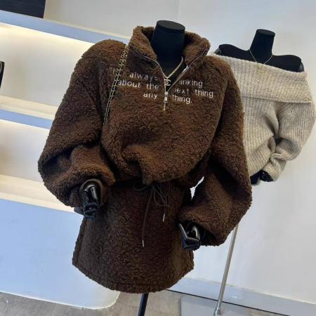 FA50907# 冬季新款法式气质字母设计款羊羔毛卫衣套装女休闲两件套短裙 服裝批發女裝批發服飾貨源