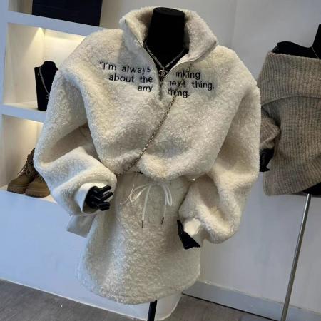 FA50907# 冬季新款法式气质字母设计款羊羔毛卫衣套装女休闲两件套短裙 服裝批發女裝批發服飾貨源