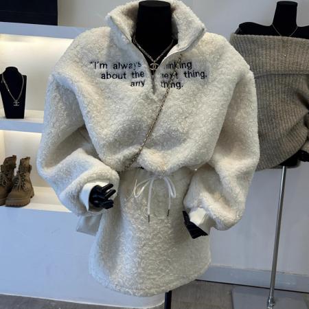 FA50907# 冬季新款法式气质字母设计款羊羔毛卫衣套装女休闲两件套短裙 服裝批發女裝批發服飾貨源