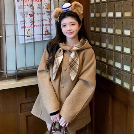 FA50908# 连帽格子毛呢大衣冬季新款棕色宽松小个子短款外套 服裝批發女裝批發服飾貨源