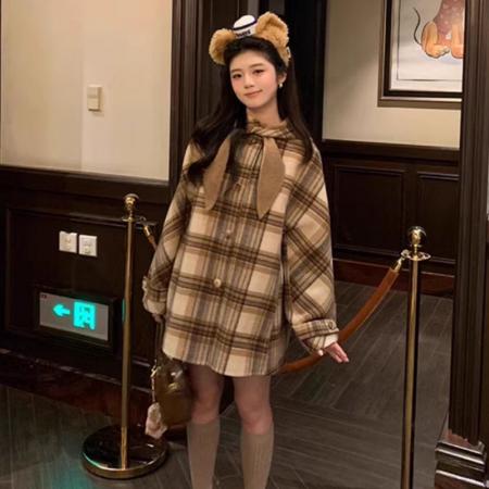 FA50908# 连帽格子毛呢大衣冬季新款棕色宽松小个子短款外套 服裝批發女裝批發服飾貨源