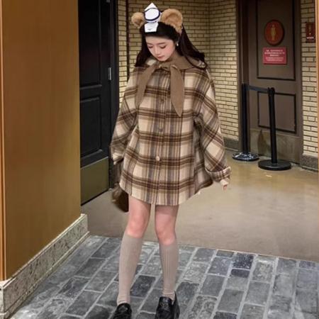 FA50908# 连帽格子毛呢大衣冬季新款棕色宽松小个子短款外套 服裝批發女裝批發服飾貨源
