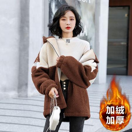 FA50909# 颗粒绒复奥粒绒冬季加绒加厚羊羔绒连帽外套卫衣 服裝批發女裝批發服飾貨源