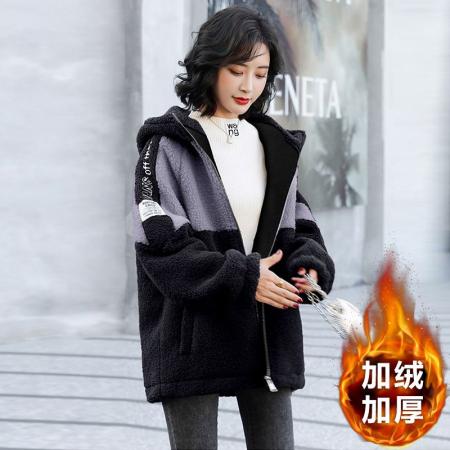 FA50909# 颗粒绒复奥粒绒冬季加绒加厚羊羔绒连帽外套卫衣 服裝批發女裝批發服飾貨源