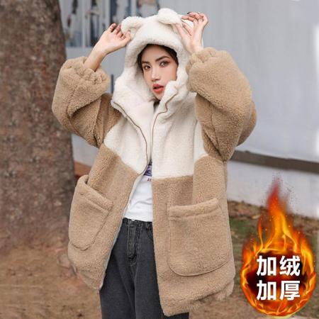 FA50910# 颗粒绒复奥粒绒冬季加绒加厚羊羔绒连帽外套卫衣 服裝批發女裝批發服飾貨源